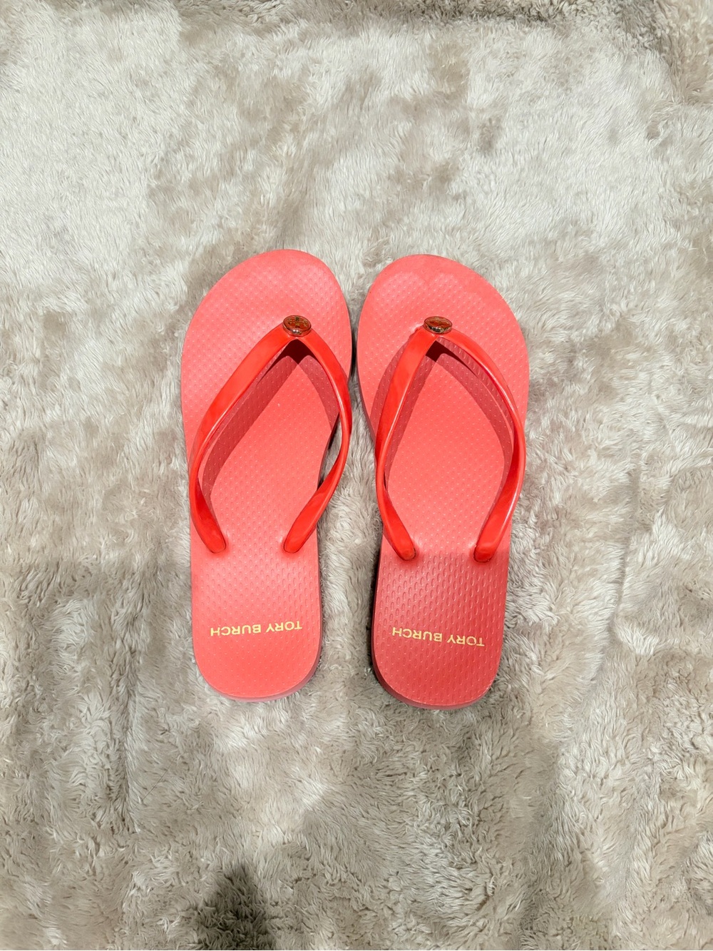 Tory Burch Bright Coral Flip Flop Sandals with Gold Logo